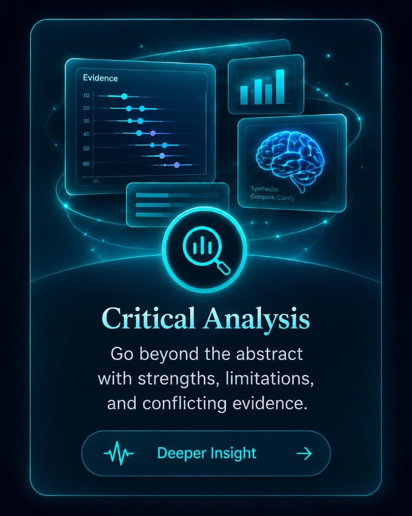 Critical Analysis — go beyond the abstract with strengths, limitations, and conflicting evidence.